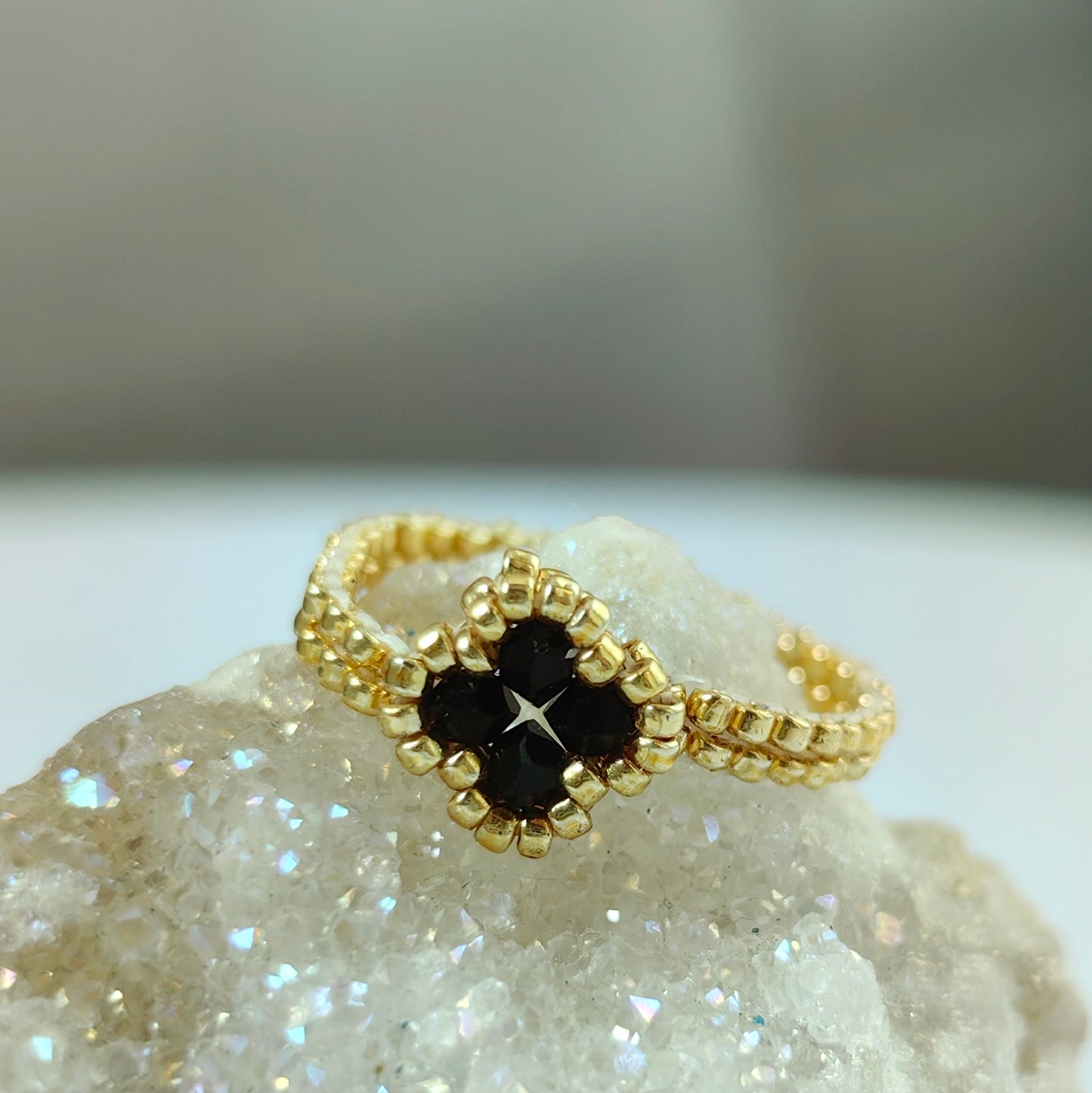 Handmade Leaf Clover Miyuki Beaded Ring in Black