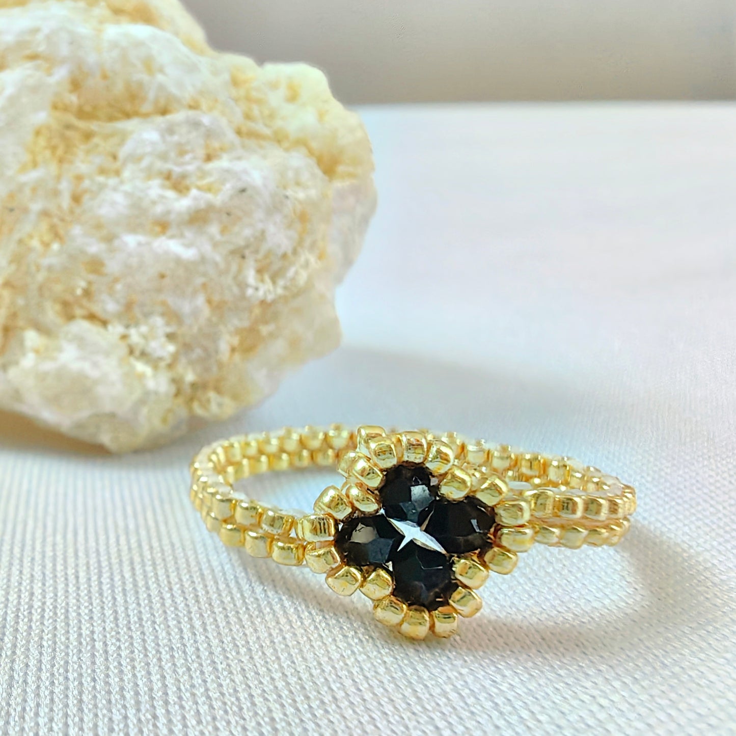 Handmade Leaf Clover Miyuki Beaded Ring in Black