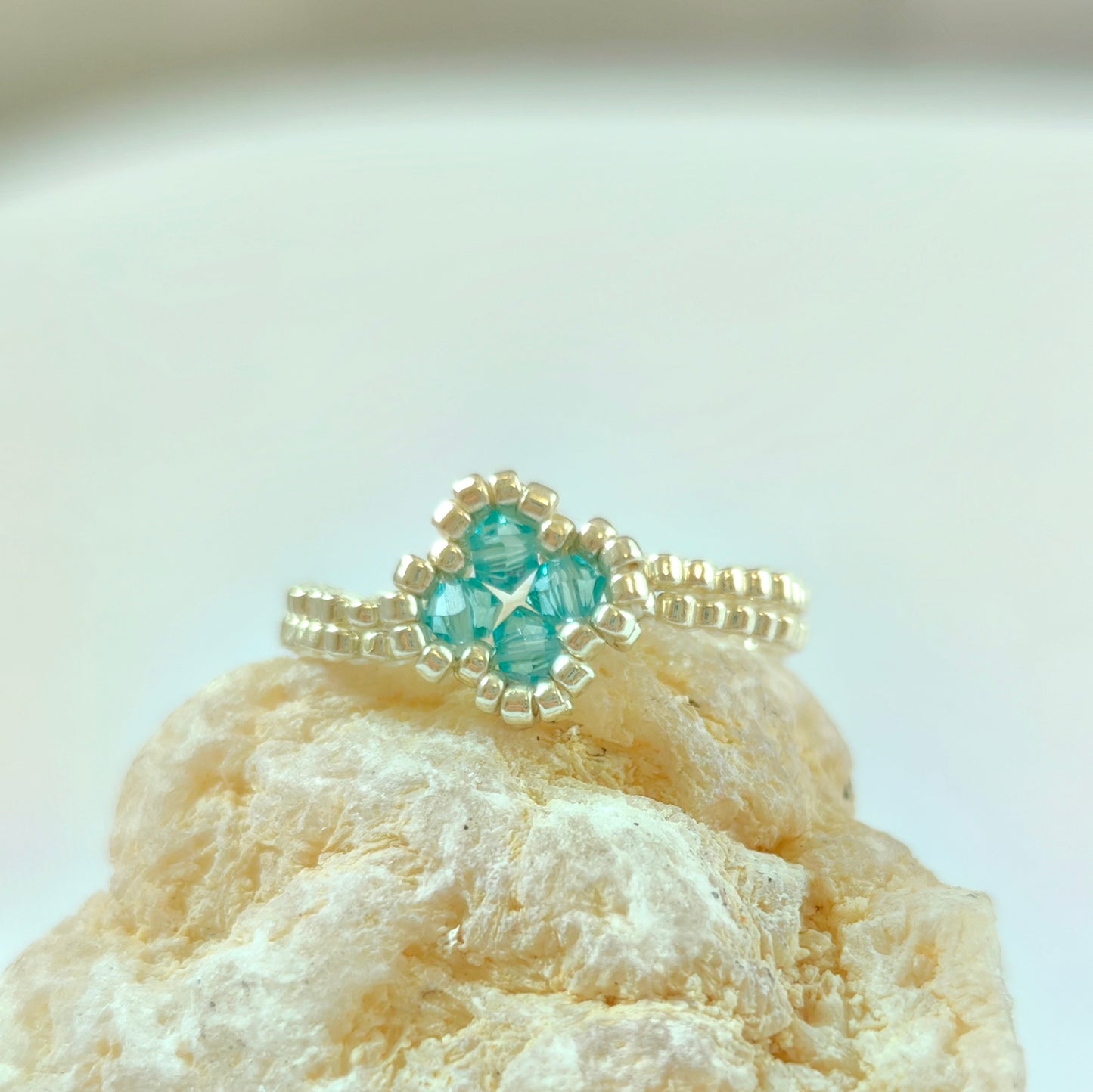 Handmade Aquamarine Blue Leaf Clover Miyuki Beaded Ring