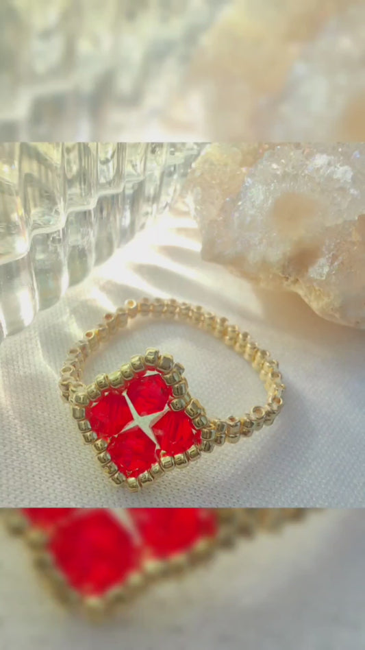 Handmade Leaf Clover Miyuki Beaded Ring in Red