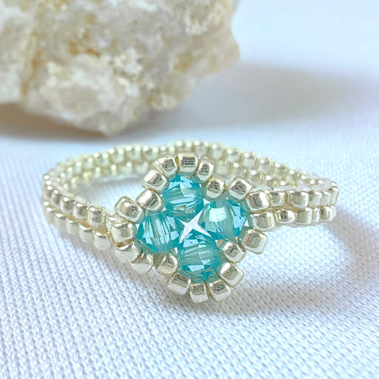 Handmade Aquamarine Blue Leaf Clover Miyuki Beaded Ring