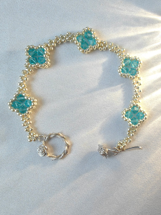 Handmade Jewelry Four Leaf Clover Miyuki Beaded Bracelet in Aquamarine Blue