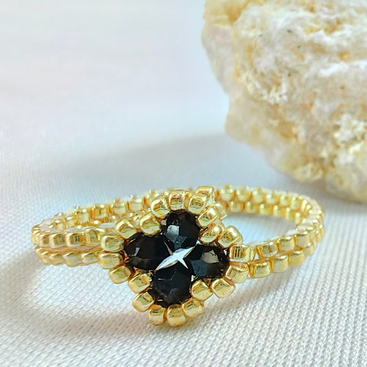 Handmade Leaf Clover Miyuki Beaded Ring in Black